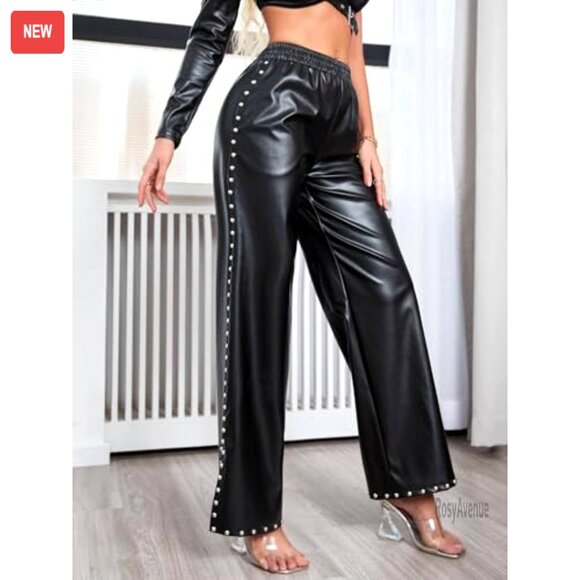 Wide Leg Faux Leather Pants with Rivets, Elastic Waist, Pockets, Casual - Picture 5 of 8